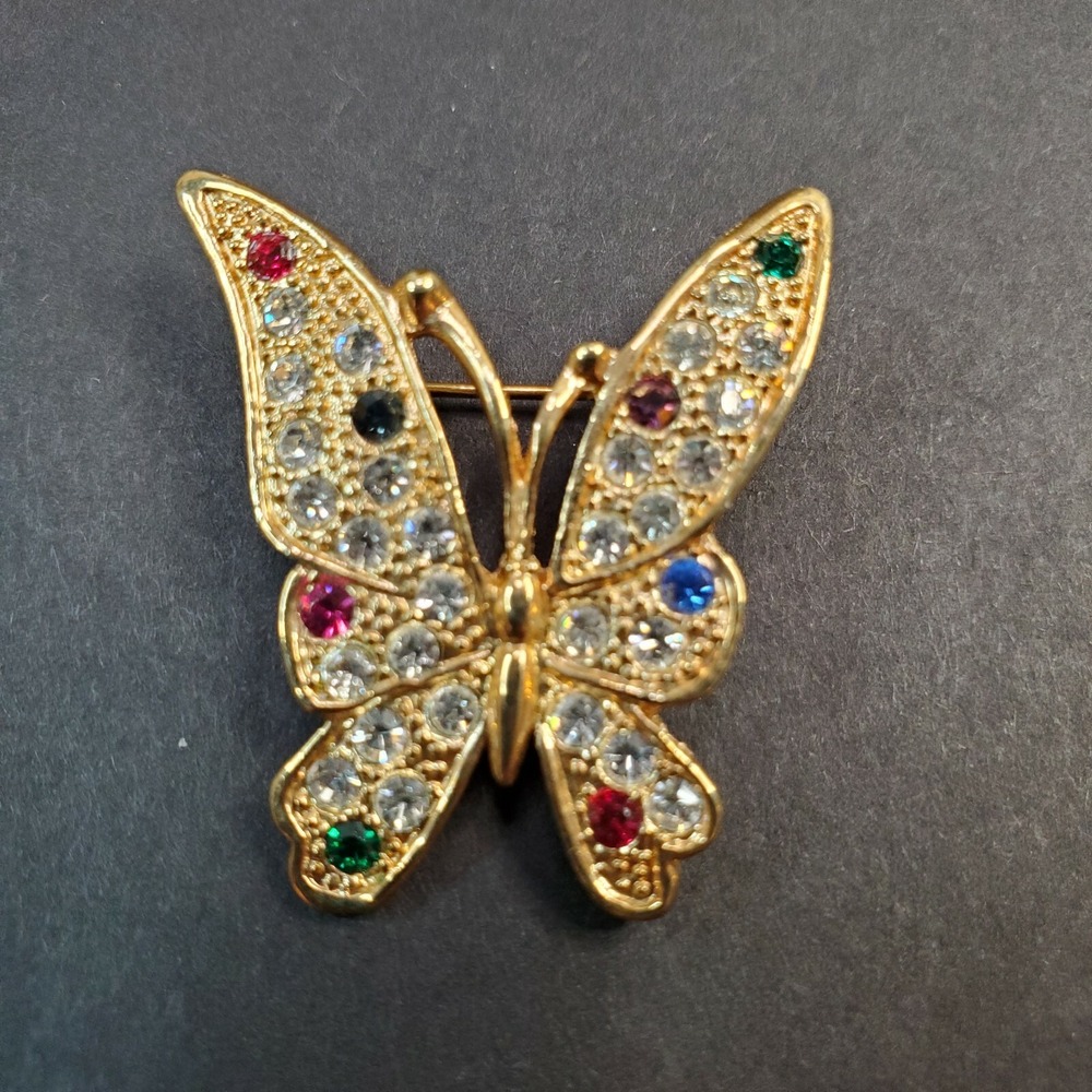 Vintage Gold Tone Metal & Multi-Color Rhinestones Butterfly Brooch Pin Spring